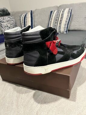 Louis Vuitton Black and Red High-Top Suede Sneakers